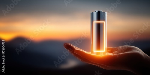 Hand holding a glowing battery with a full charge indicator against a sunset sky