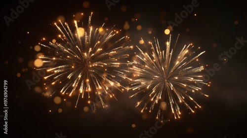 Golden fireworks explosion on dark background festive celebration light effect