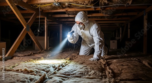 Professional in protective suit inspecting dark attic insulation with flashlight, checking for hazards or damage in confined space