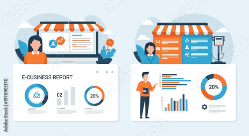 Business infographics, e-commerce report templates, vector icons, orange and blue charts