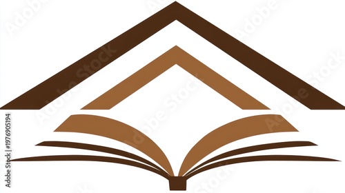 Abstract graphic of book with open pages under layered chevron shapes, brown hues
