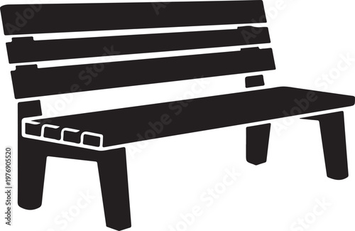 Simple black wooden bench with backrest and four legs isolated on white background