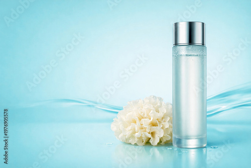 Hydrating snow mushroom toner banner with blank bottle, tremella ingredient and blue water wave. For beauty ads, web banners, spa promotions and cosmetic branding.