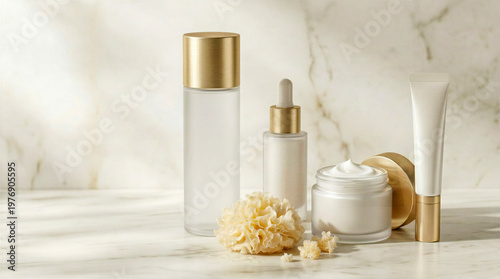 Luxury snow mushroom skincare banner with toner, serum, face cream and eye cream on beige marble. For beauty ads, web banners, spa promos and cosmetic branding.