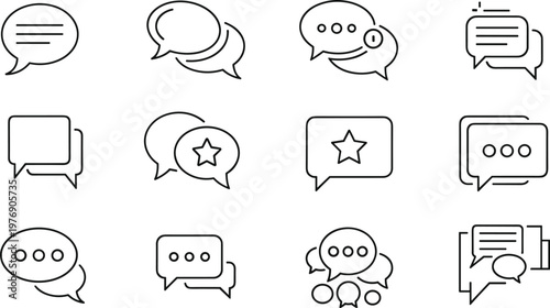 Chat bubble outline icon set with message speech dialog communication symbols minimal line art vector illustration collection