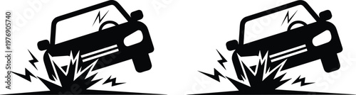 Car crash accident vector icons in silhouette style with damaged vehicle impact collision illustration isolated design