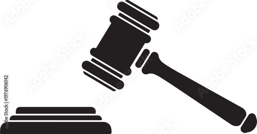 Simple graphic illustration of judge gavel and sound block on white background  law and justice symbol