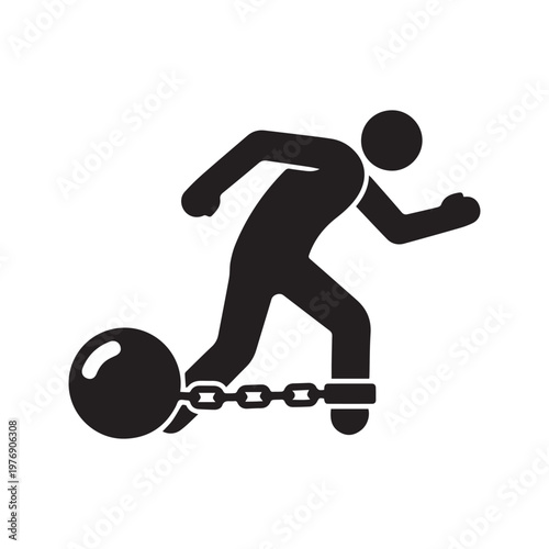 Silhouette of a Person Dragging a Ball and Chain Representing Debt Burden and Bondage
