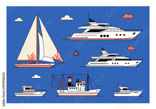 Modern Flat Vector Illustration Set of Nautical Vessels: Luxury Yachts, Sailboat, Motorboats, and Fishing Trawler on Blue Background