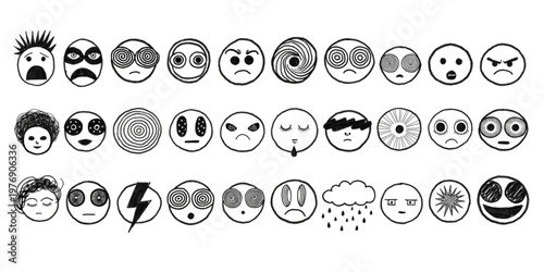 A Collection of Hand-Drawn Emoji Faces Expressing a Wide Range of Human Emotions and Feelings