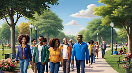 Group of Diverse People Walking Together in a Serene Setting