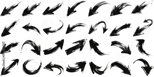 Black brush stroke arrows collection pointing in various directions, diverse arrow shapes and styles with a hand-painted aesthetic