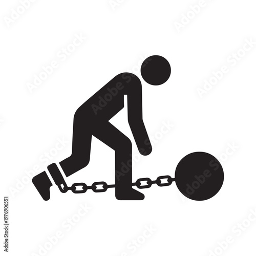 Silhouette of a Person Dragging a Ball and Chain Representing Debt Burden and Bondage
