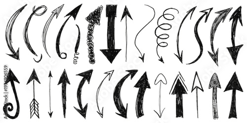 Collection of hand-drawn arrows, showcasing a variety of styles, directions, and designs for diverse graphic and web applications
