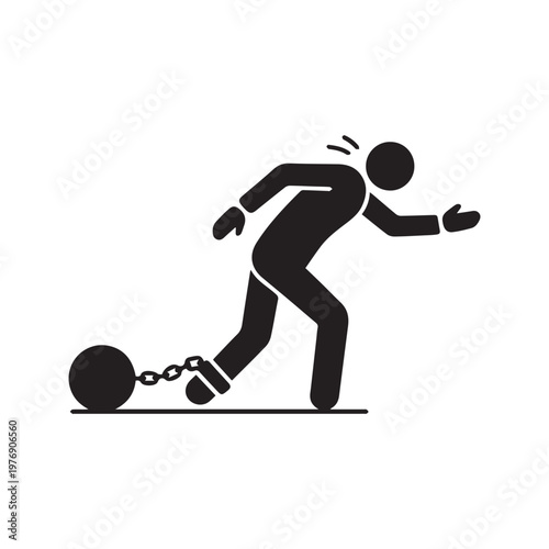 Silhouette of a Person Dragging a Ball and Chain Representing Debt Burden and Bondage
