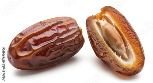 Two dates are shown one cut open on a white surface
