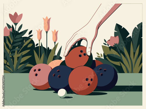 Hand Reaching for Bowling Ball in a Stylized Garden with Flowers, Flat Vector Illustration of Retro Outdoor Leisure and Surreal Sport Concept
