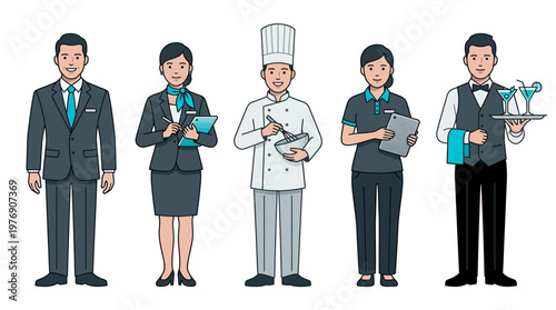Professional Hospitality Service Team Illustration Featuring Hotel Manager, Chef, Receptionist, and Waiter. Diverse Restaurant and Hotel Staff Characters in Uniform.