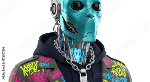 A futuristic robot wearing a graffiti hoodie and chain necklace stands indoors with a metallic face and colorful attire in a modern setting with ajar accessories.