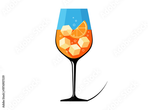 Refreshing Aperol Spritz Cocktail Illustration with Ice Cubes and Orange Slice, Minimalist Vector Art