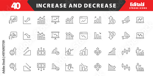 Increase and Decrease line Editable Icons set. Graph, Diagram, business growth, finance, economy, statistics, summary, profit, fall, arrow up, down,
and more. Simple vector icons. Editable Stroke.
