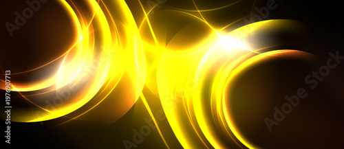 Bright yellow energy flows, curves intersect. Dark background emphasizes radiant light, creating dynamic abstract design.