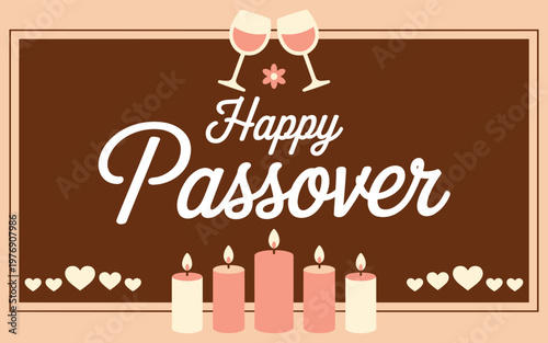 Happy passover greeting card with wine glasses, candles, and hearts