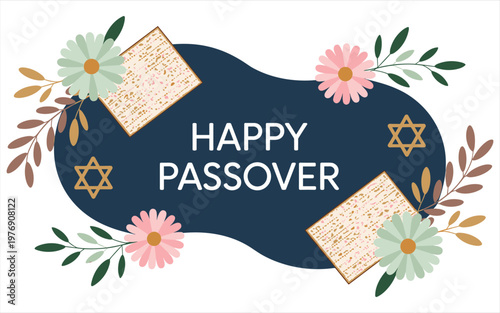 Happy passover greeting card with matzah, flowers, and star of david