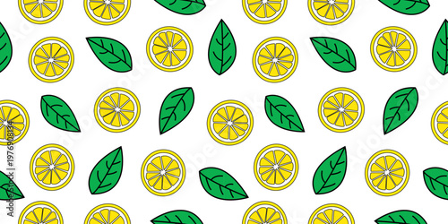 Seamless pattern of leaves and lemons. Vector simple illustration for fabric, wrapping paper or wallpaper