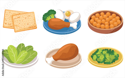 Passover seder plate food matzah, roasted chicken, eggs, and herbs