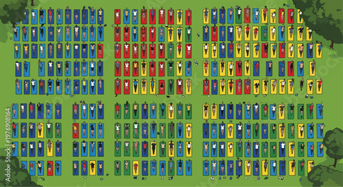 Aerial view of people sunbathing on colorful towels in a park, crowd of people relaxing on green grass, summer outdoor leisure vector illustration