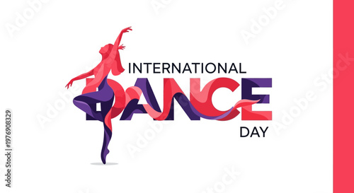 Elegant International Dance Day poster with a stylized female dancer silhouette and flowing abstract lines in purple and pink on an isolated white background.