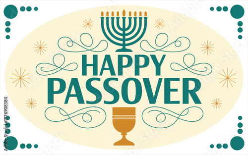 Happy passover greeting with menorah, kiddush cup, and swirls