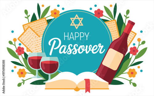 Happy passover greeting with matzah, wine, and haggadah