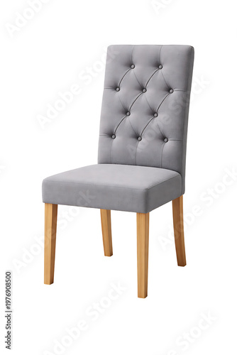 Modern gray upholstered dining chair with tufted high back and natural wooden legs isolated on transparent background for interior, furniture, and home decor presentations