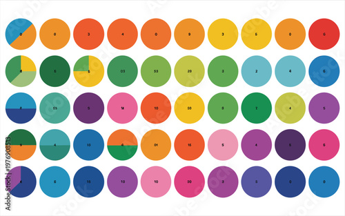 Grid of colorful circles containing numbers and pie chart segments