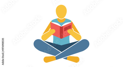 Vector illustration of person reading book, sitting cross-legged, colorful minimalist style, educational icon