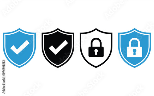 Four shield with checkmarks and padlocks in blue and black