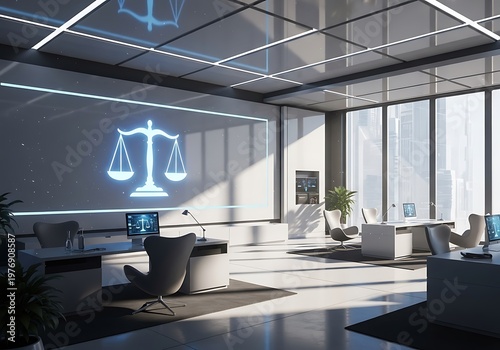 Modern law office interior with digital scales of justice symbol