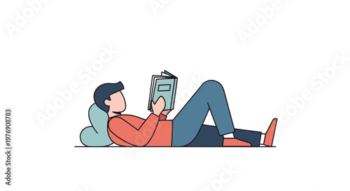 relaxed man reading tablet, lying down, casual outfit, modern illustration, vector graphics
