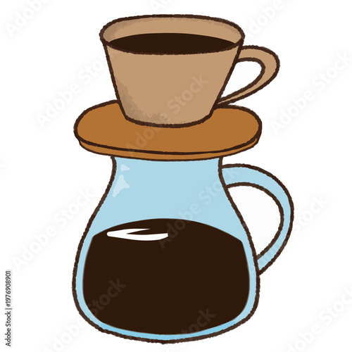 Cute hand-drawn pour over drip coffee illustration with dripper and filled glass server, cafe coffee equipment clipart on white background