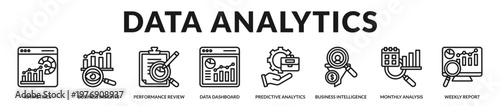 Data analytics tools used for monitoring performance, generating insights, and supporting decisions in Lineal Icon Style