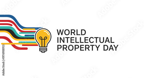 World Intellectual Property Day creative design with light bulb and colorful flowing lines on light beige background