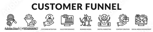 Customer funnel strategies covering acquisition, engagement, and retention across marketing channels in Lineal Icon Style