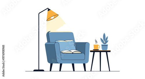 Minimalist living room, blue armchair, floor lamp, side table, home decor, interior design elements, vector illustration
