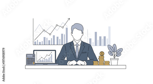 A businessman in a suit sits at a clean desk with a laptop and calculator while stacks of gold coins sit before a background displaying a rising growth chart.