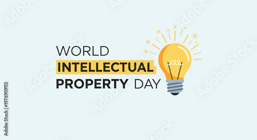 World Intellectual Property Day glowing yellow light bulb icon with rays on a light blue background