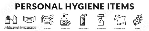 Personal hygiene items used for protection, sanitation, and daily cleanliness in Lineal Icon Style
