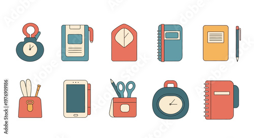 Various office supplies and gadgets arranged on a surface