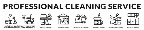 Professional cleaning services covering residential and commercial maintenance tasks in Lineal Icon Style
